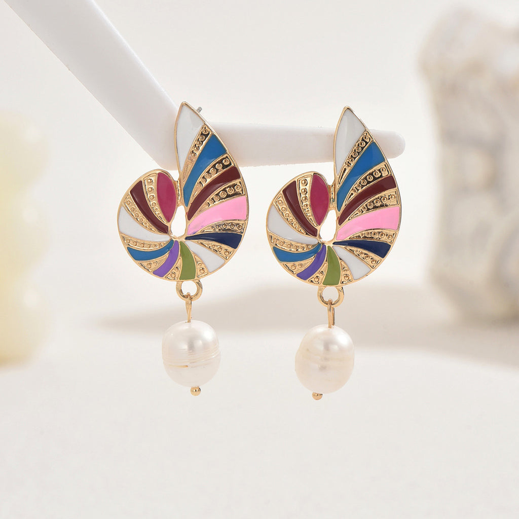Gold enamel swirl earrings with multicolor panels and dangling pearls joyful enamel jewelry gift