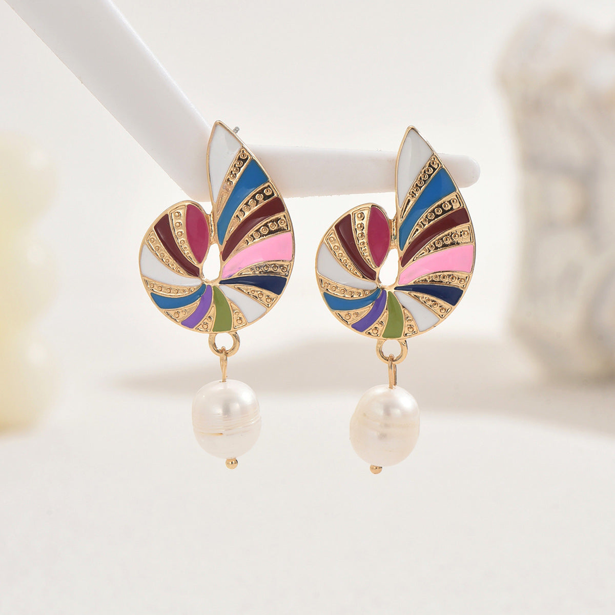 Gold enamel swirl earrings with multicolor panels and dangling pearls joyful enamel jewelry gift