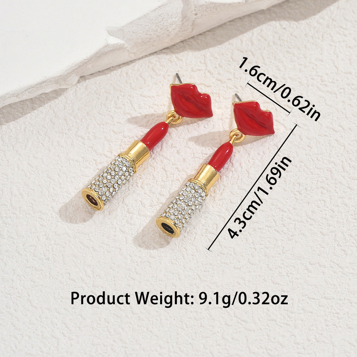Red lip dangle earrings with gold crystal lipstick charms zircon stud earrings for women