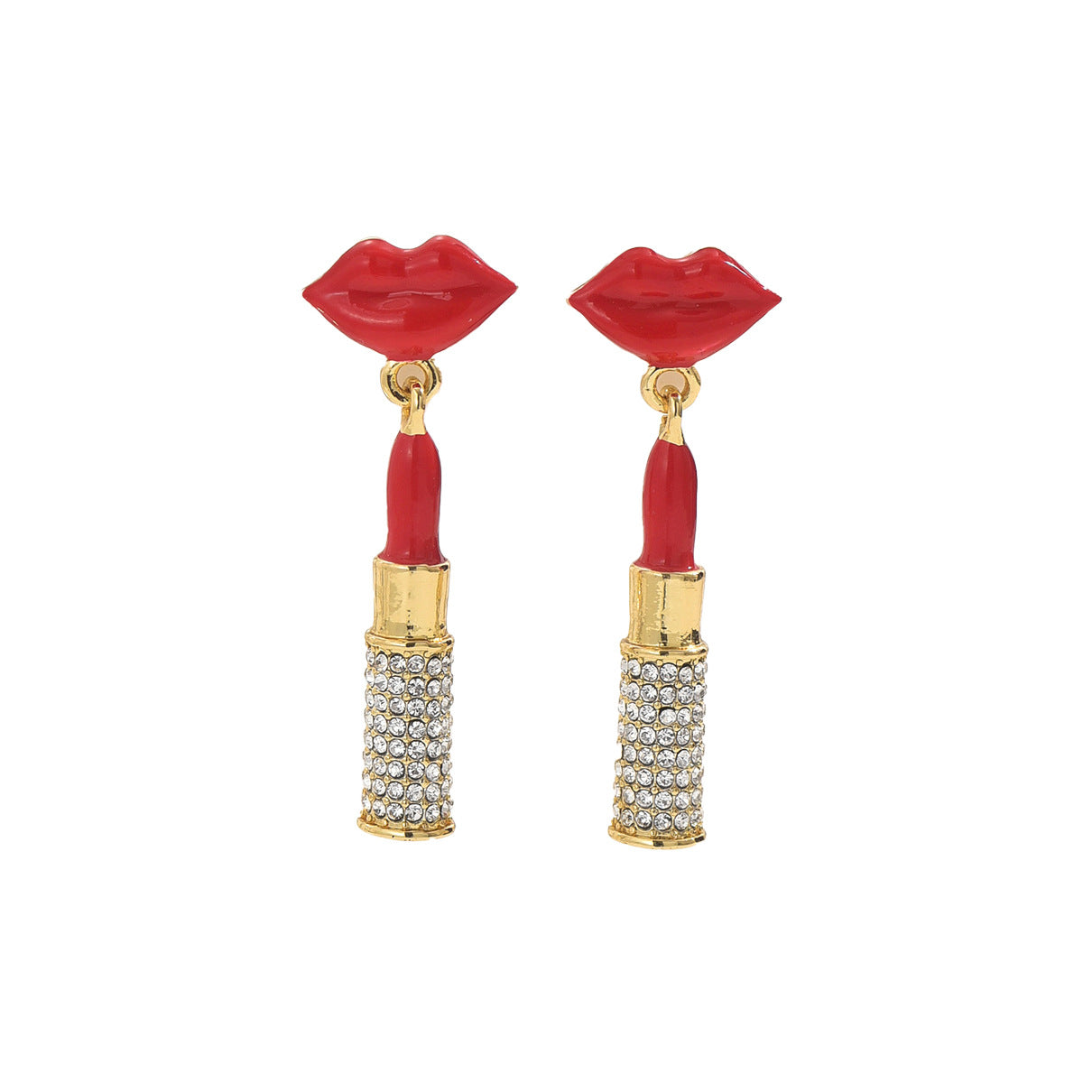 Red lips stud earrings with dangling lipstick charm gold tone crystal tube zircon stud earrings for women