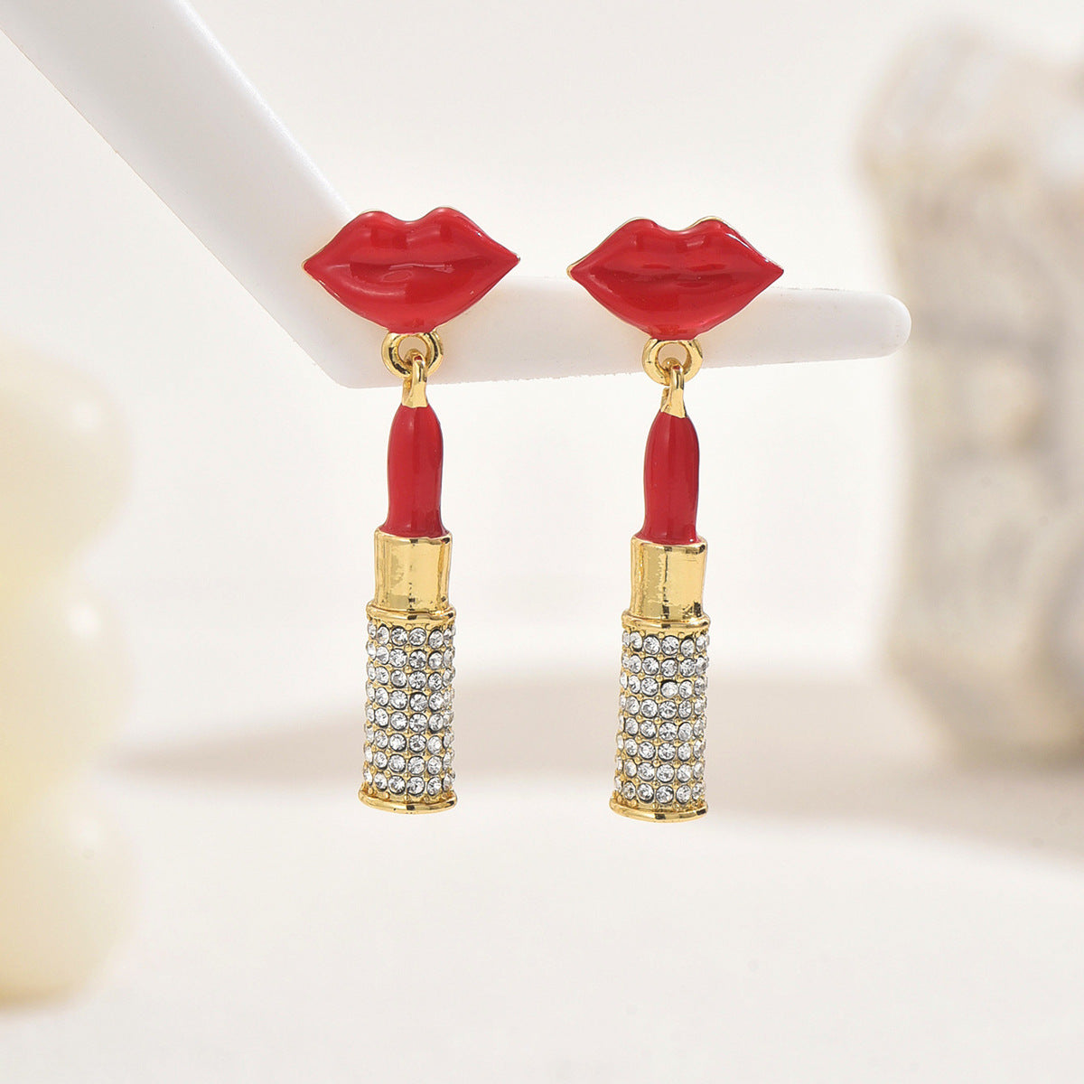 Red lip zircon stud earrings for women with dangling gold lipstick charm and crystal rhinestone cylinder