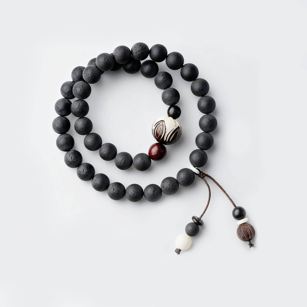 Black amber double wrap bracelet with natural wooden beads and decorative accent beads