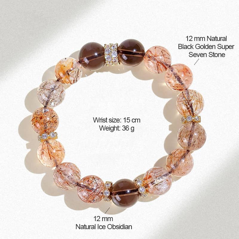 Black gold super seven crystal bracelet featuring natural obsidian and radiant stones for calming energy