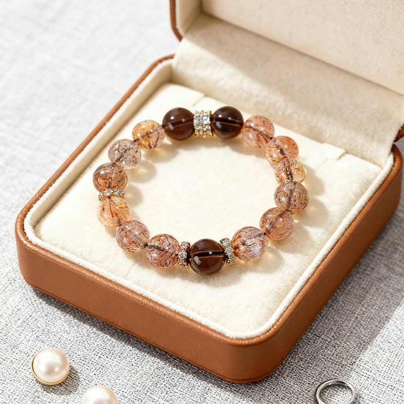 Elegant black gold super seven crystal bracelet displayed in a luxurious jewelry box