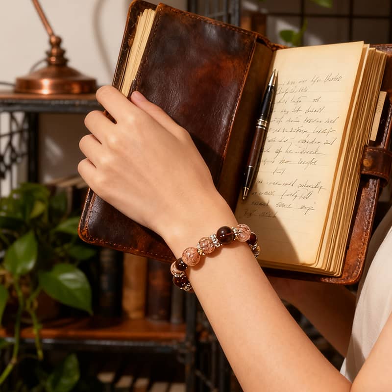 Black gold super seven crystal bracelet worn on wrist while holding a notebook and pen