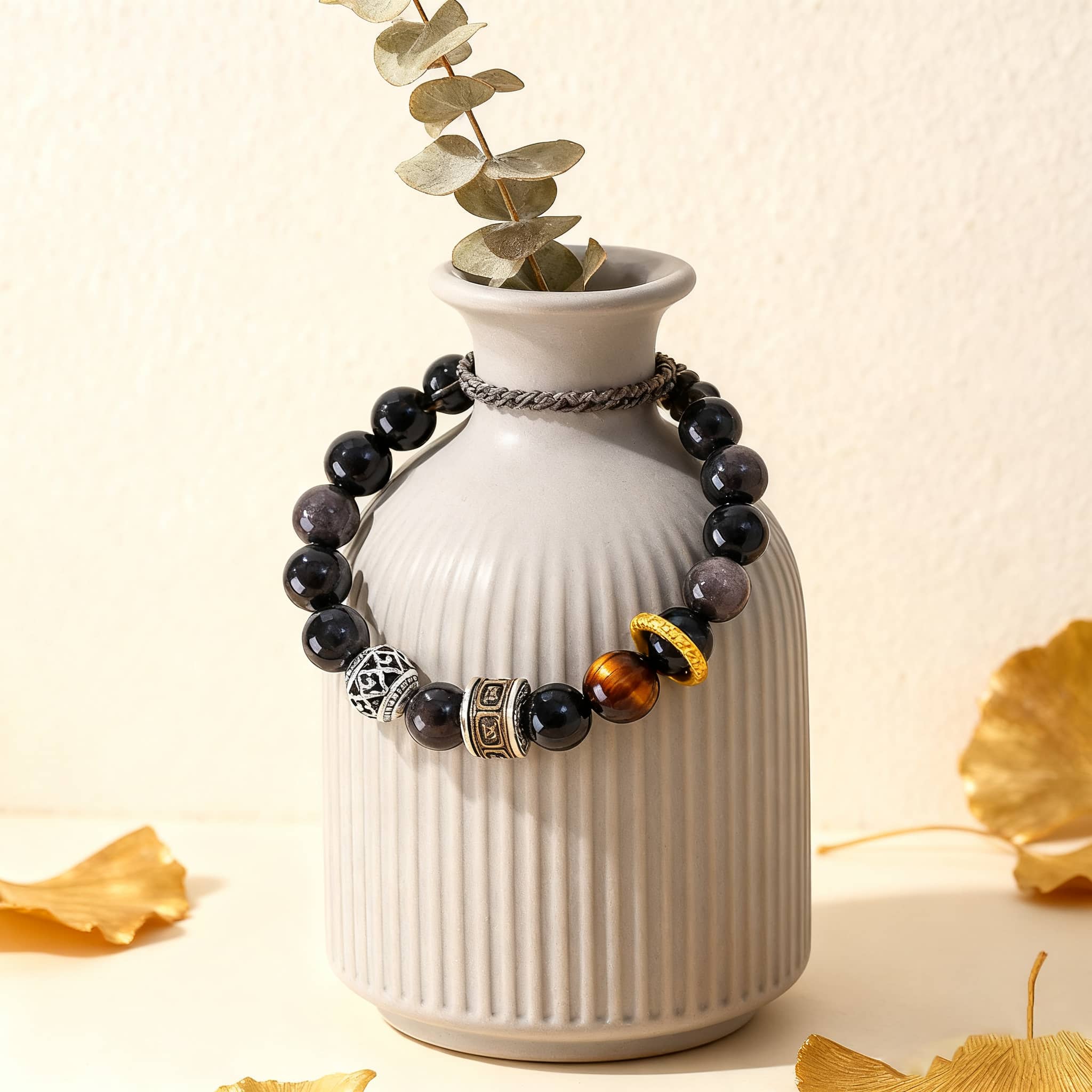 Black obsidian anxiety bracelet by 5 Senses with decorative beads for calming and style