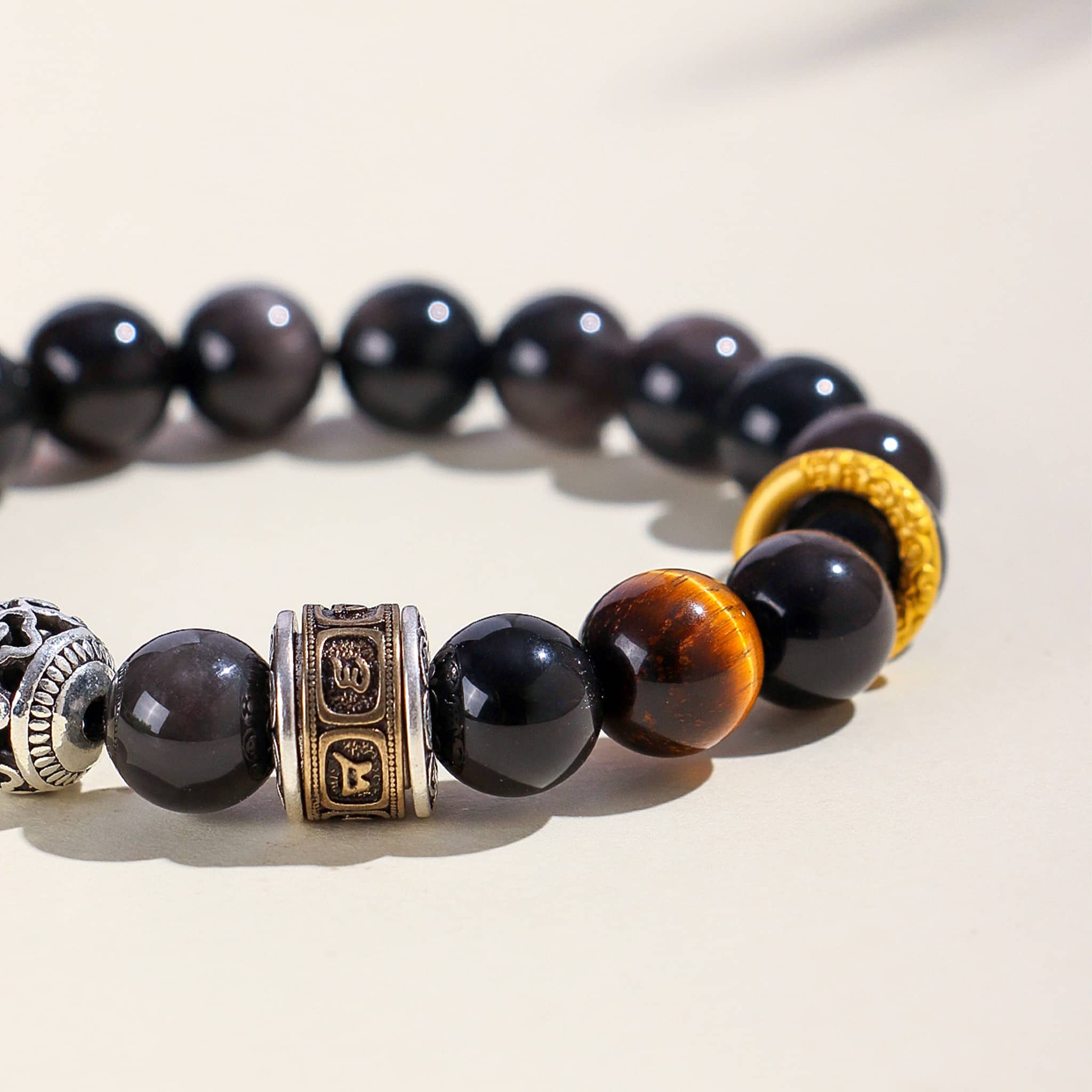 Black Obsidian Anxiety Bracelet with Unique Silver and Gold Beads for Stress Relief