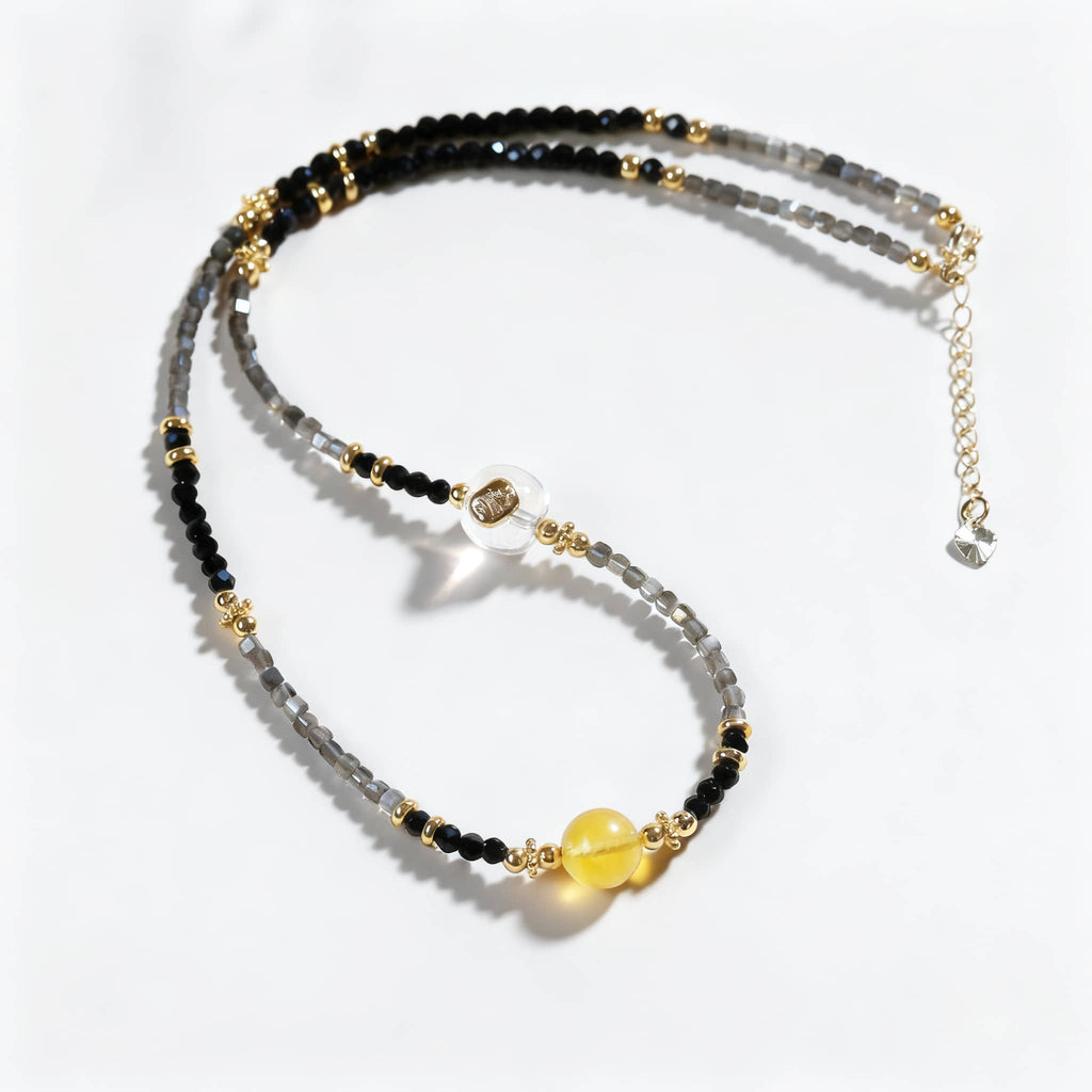 5 Senses black obsidian spinel anxiety choker with gray and gold beads for calming energy