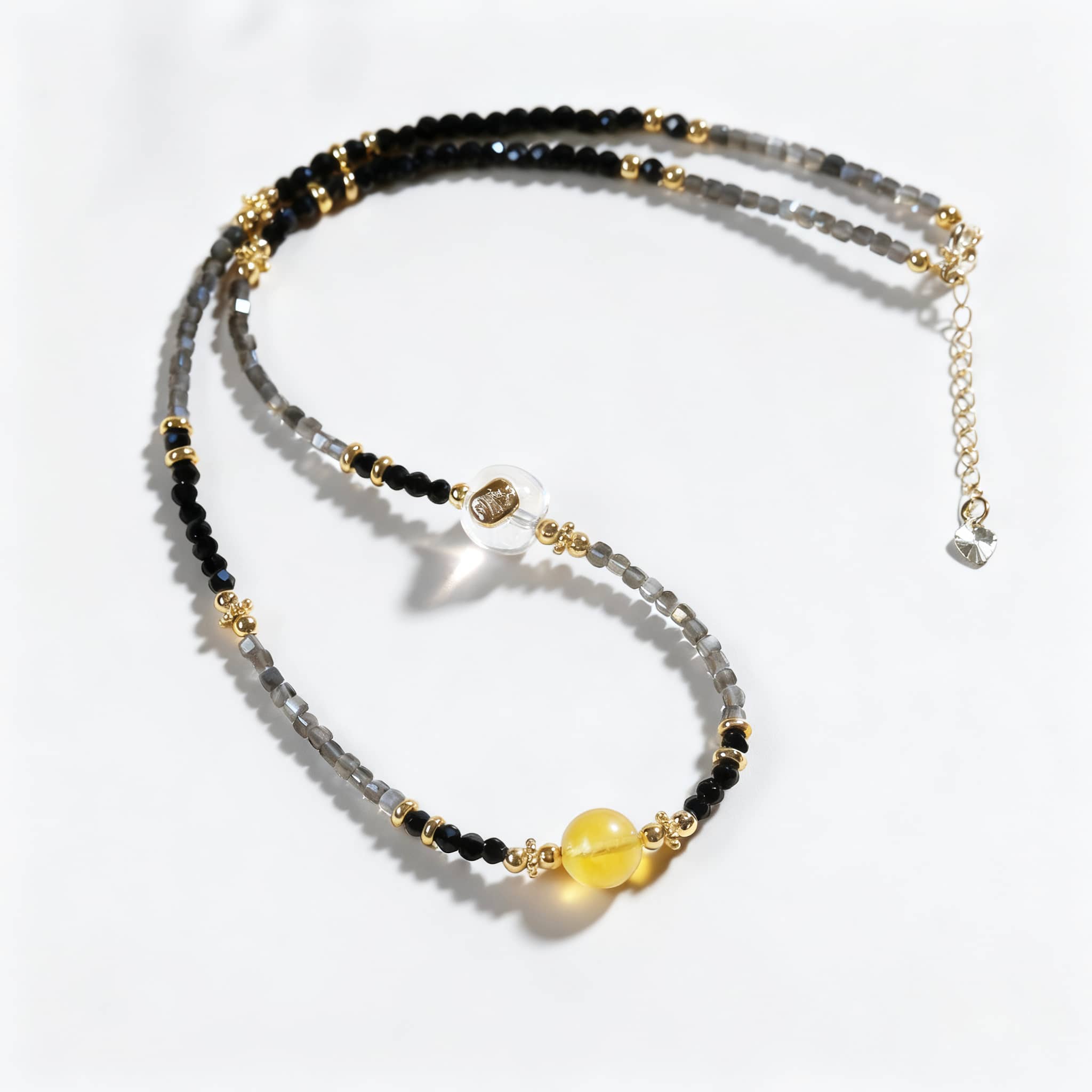 5 Senses black obsidian spinel anxiety choker with gray and gold beads for calming energy
