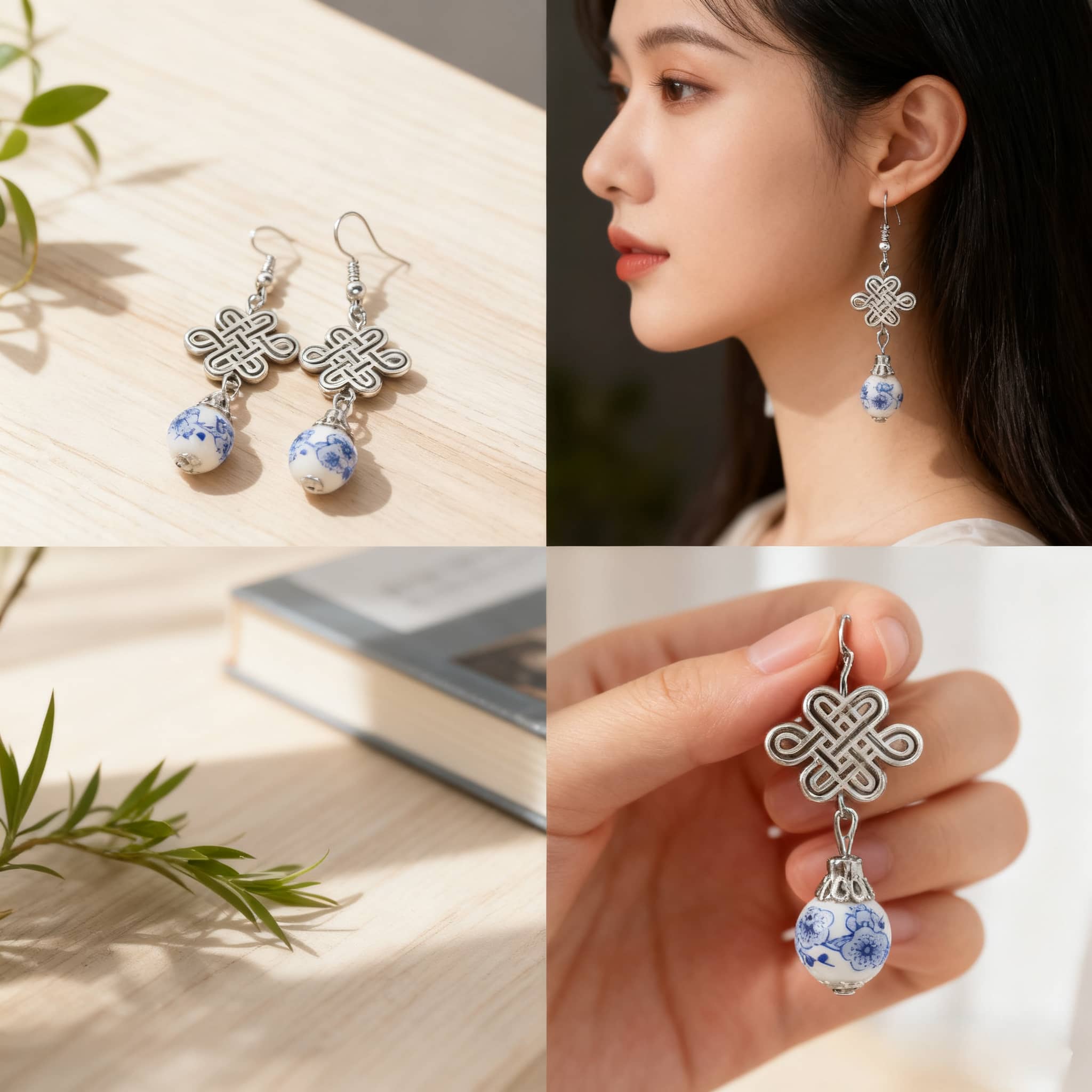 Blue and white ceramic knot earrings with intricate design and elegant drop features