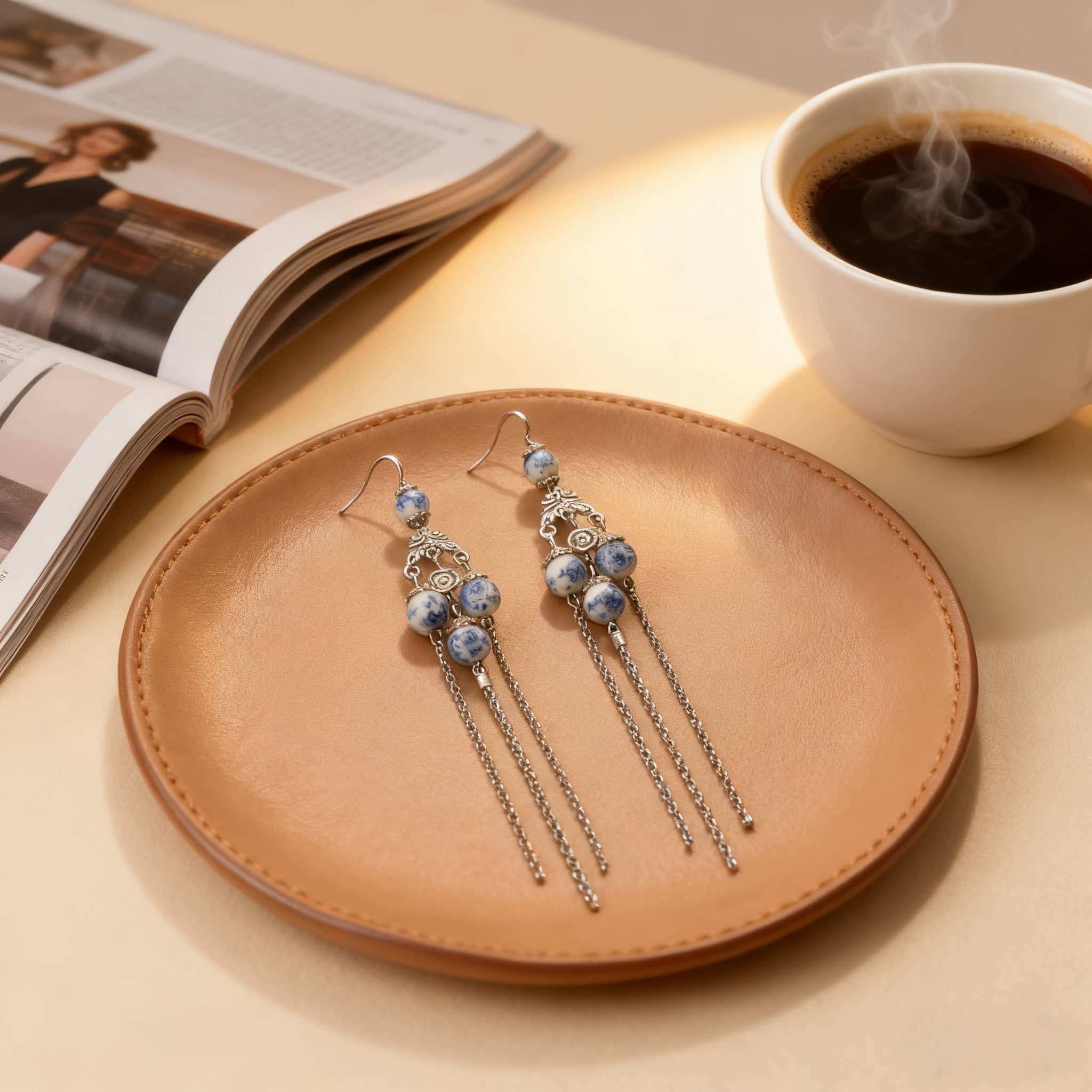 Elegant blue and white porcelain tassel earrings displayed on a leather plate next to a cup of coffee