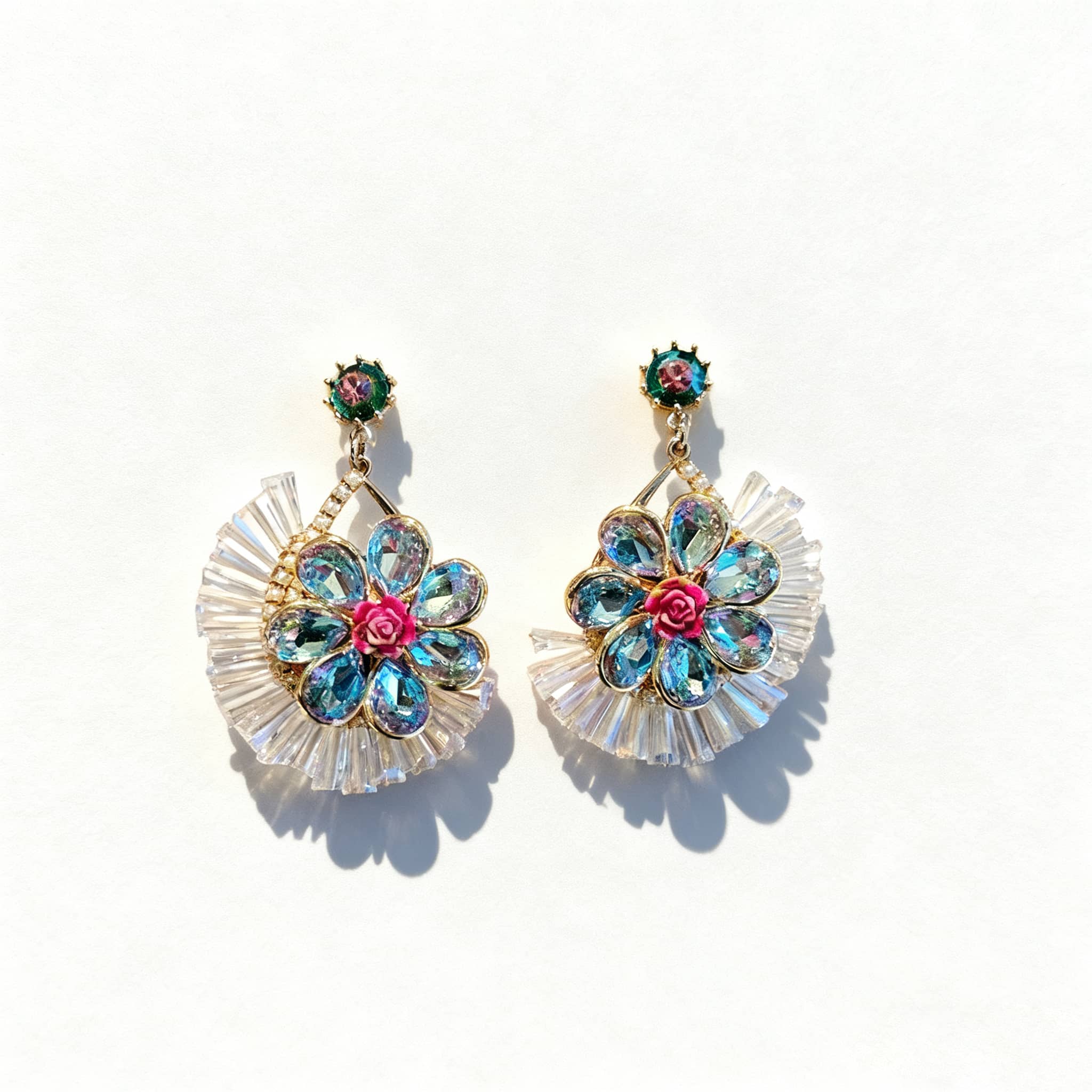 Elegant blue crystal flower earrings with intricate design and colorful floral details
