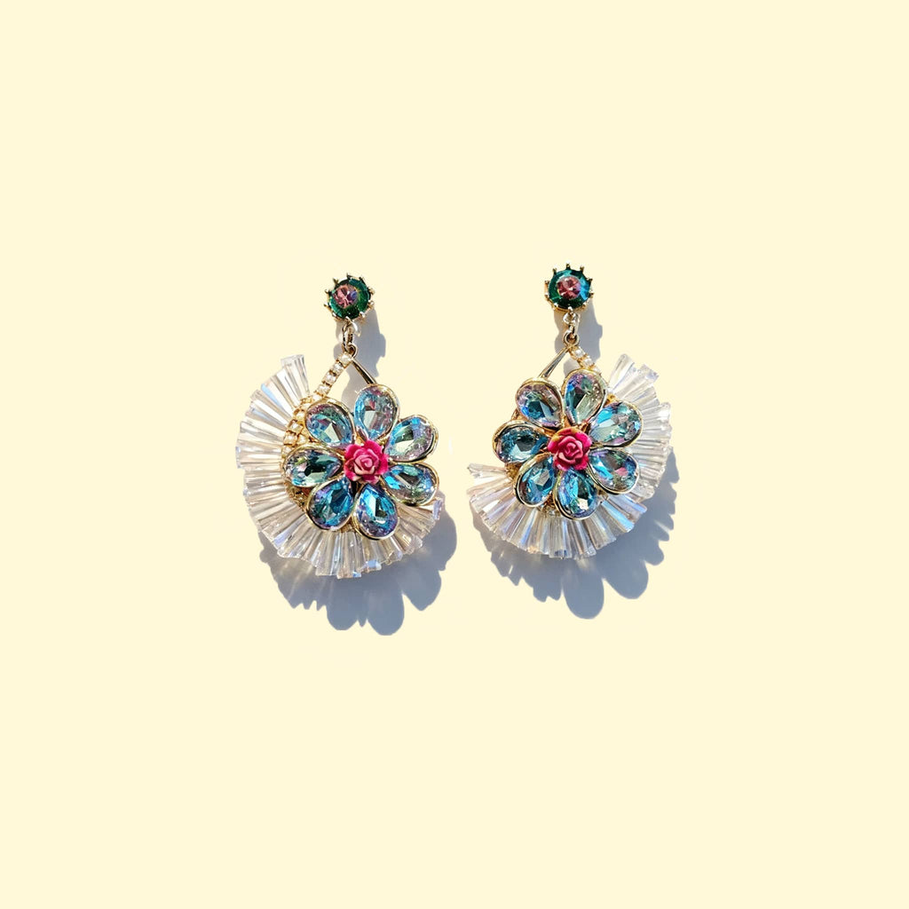 Beautiful blue crystal flower earrings with intricate design and vibrant colors by 5 Senses