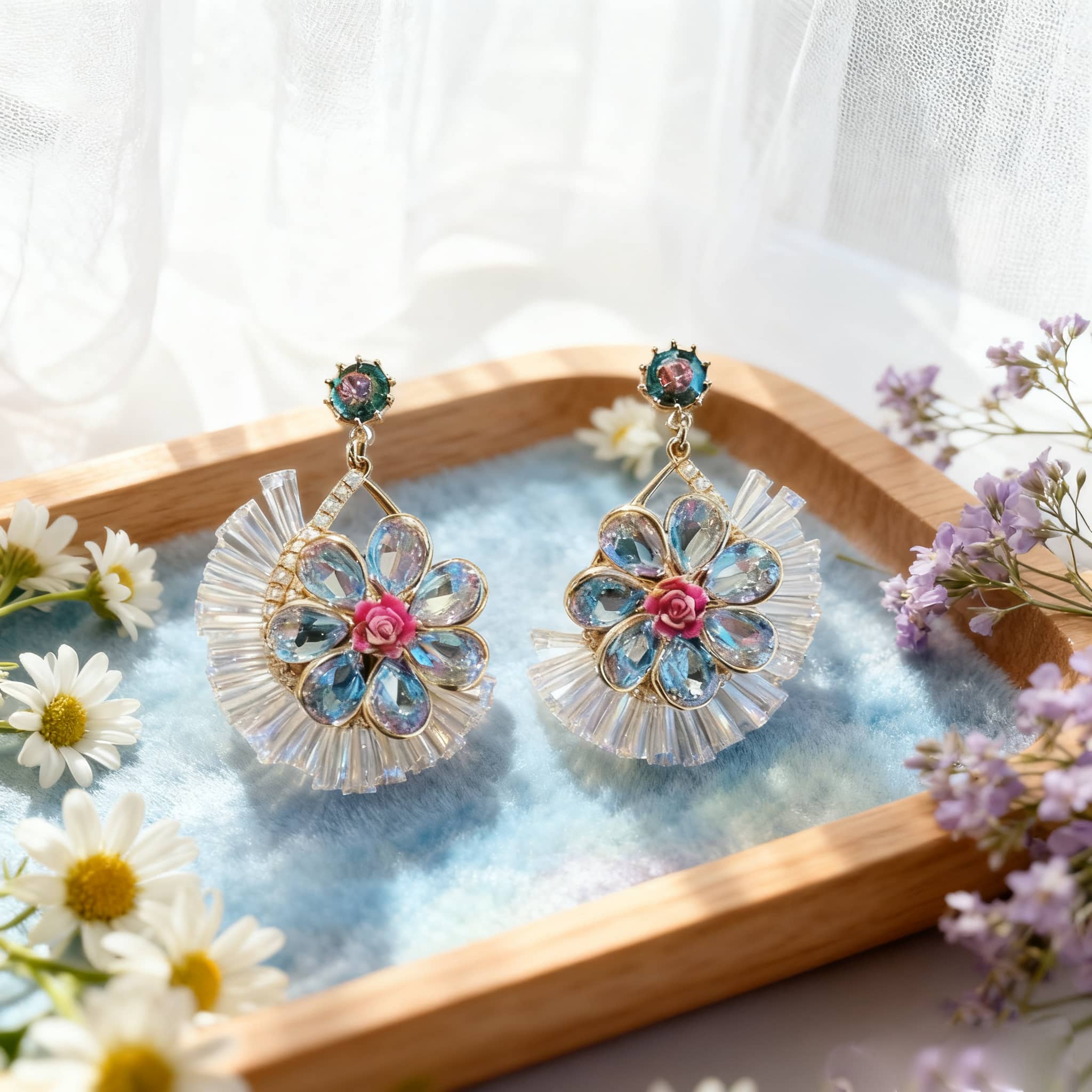 Blue crystal flower earrings with intricate design and colorful floral accents by 5 Senses