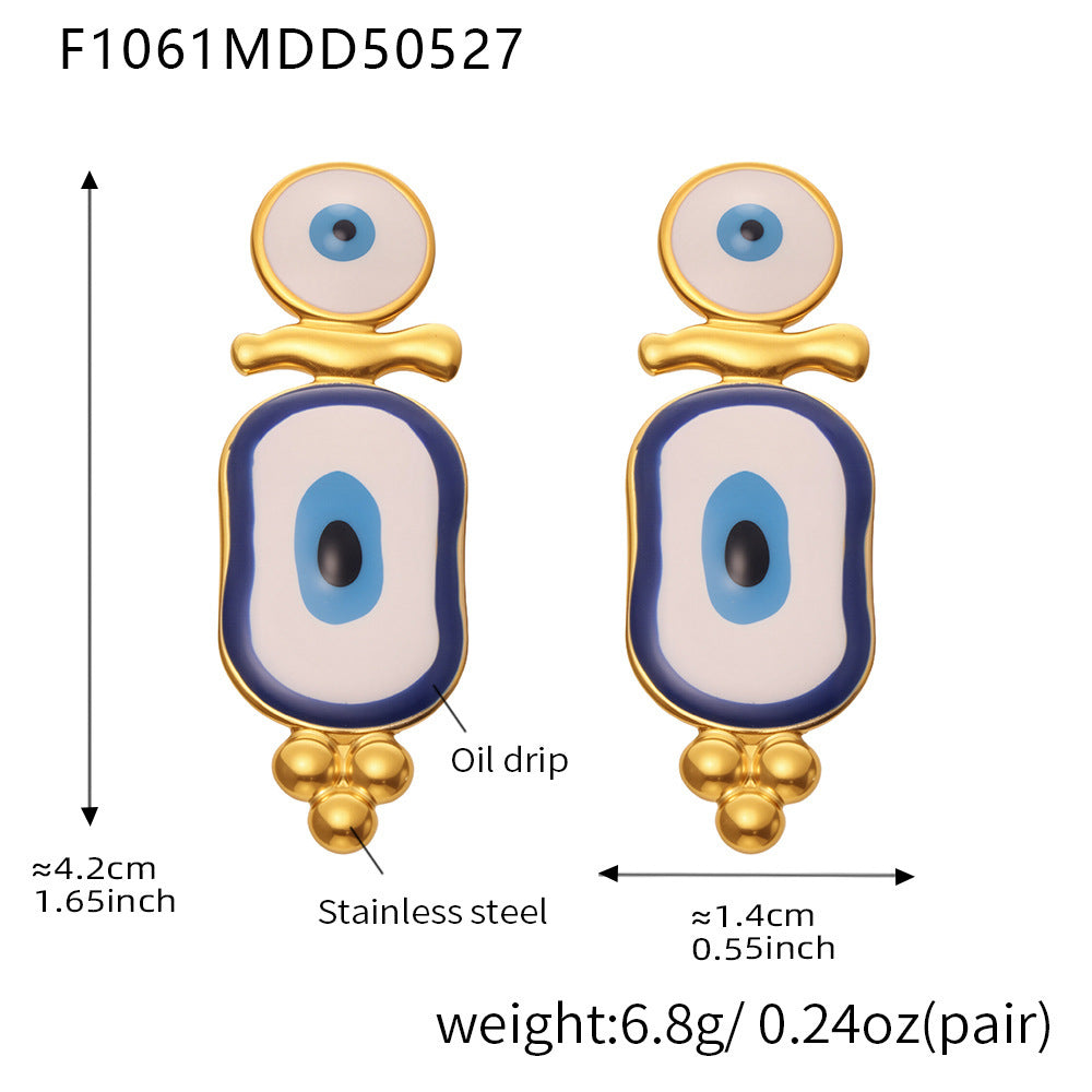 Blue evil eye earrings with gold stainless steel and oil drip design measuring 4.2 cm by 1.4 cm