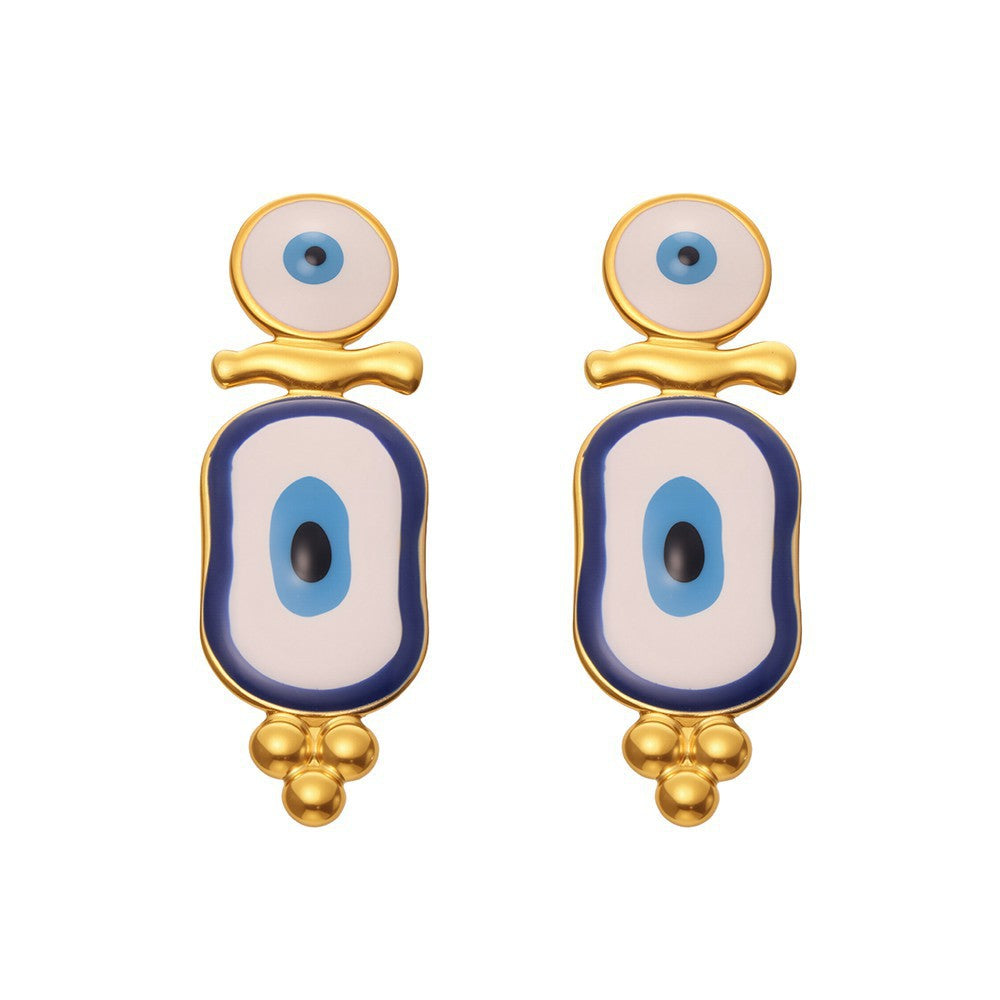 Gold-tone blue evil eye earrings with unique abstract design for protection and style