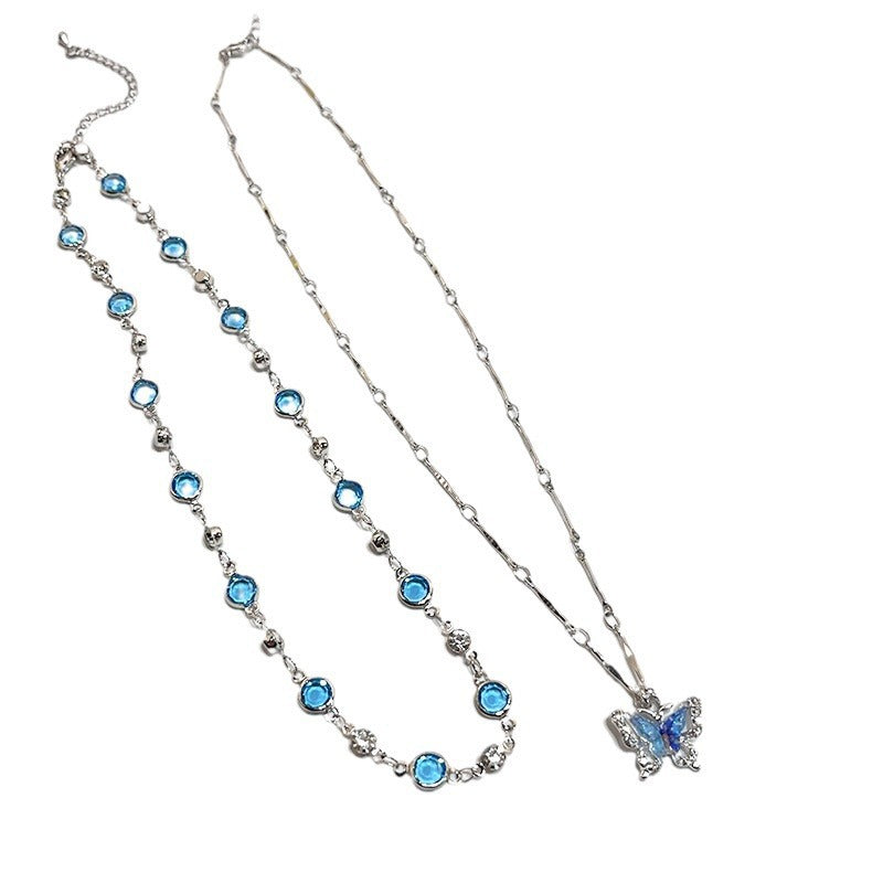 Silver blue gemstone butterfly necklace and matching blue gemstone chain necklace set