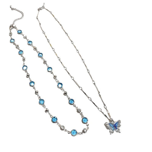 Silver blue gemstone butterfly necklace and matching blue gemstone chain necklace set