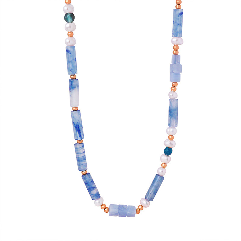 Blue and white beaded necklace with rectangular stones and small round accents