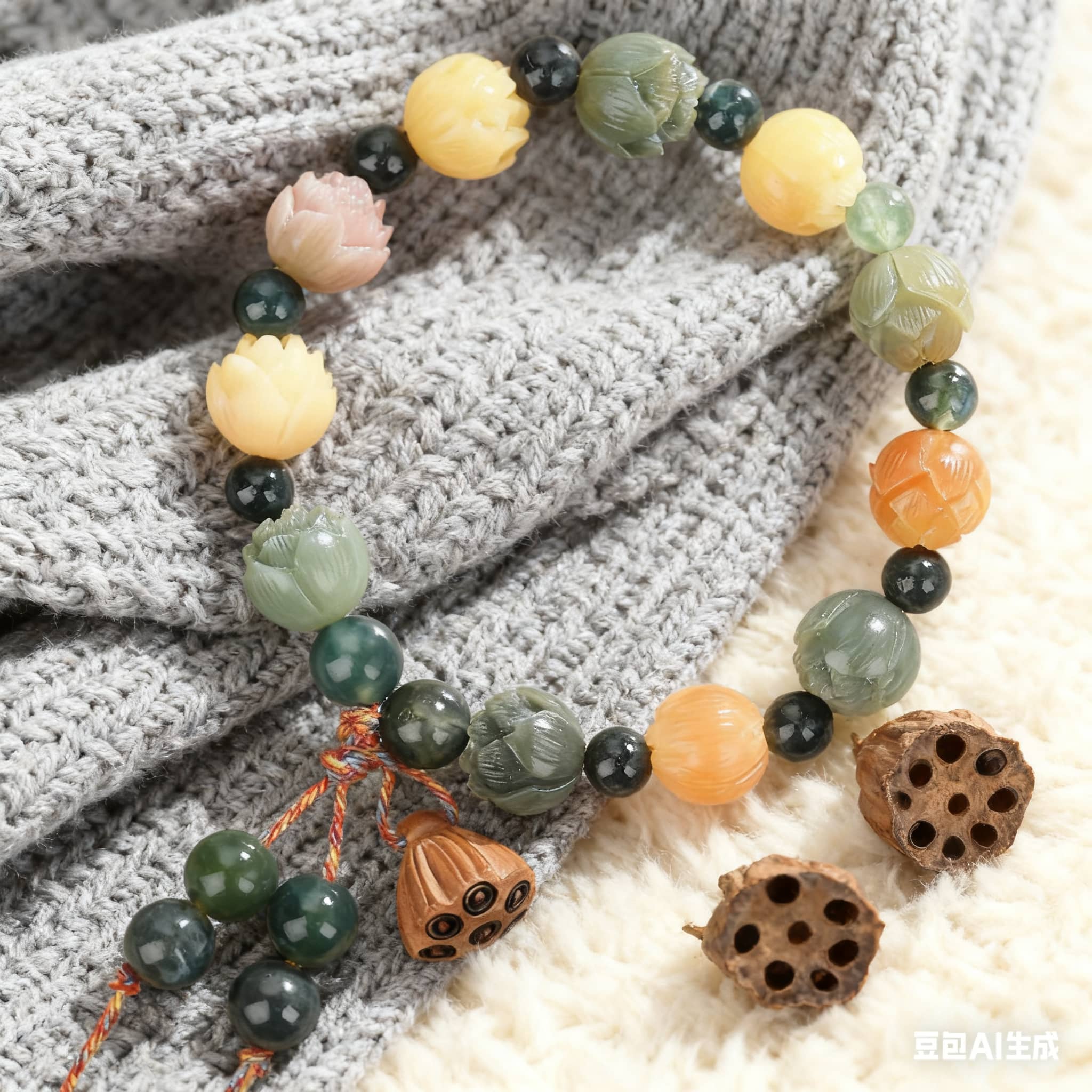 Anxious bodhi seed meditation bracelet with colorful lotus and natural beads for calming effects