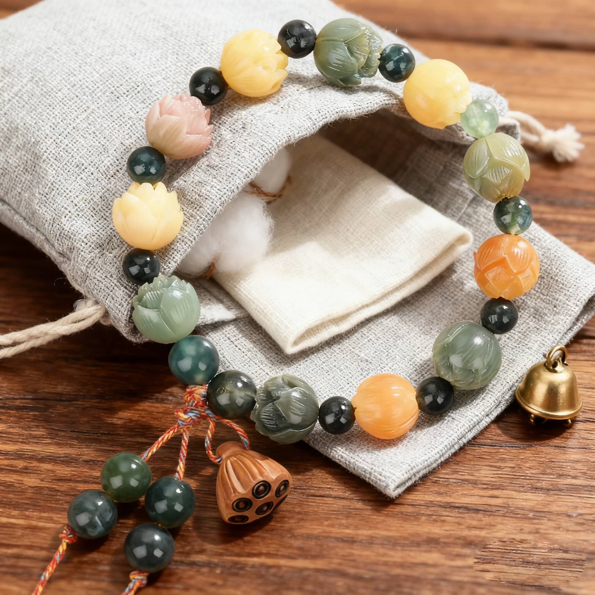 Bodhi seed meditation bracelet with carved beads and vibrant colors for calming anxiety and enhancing focus
