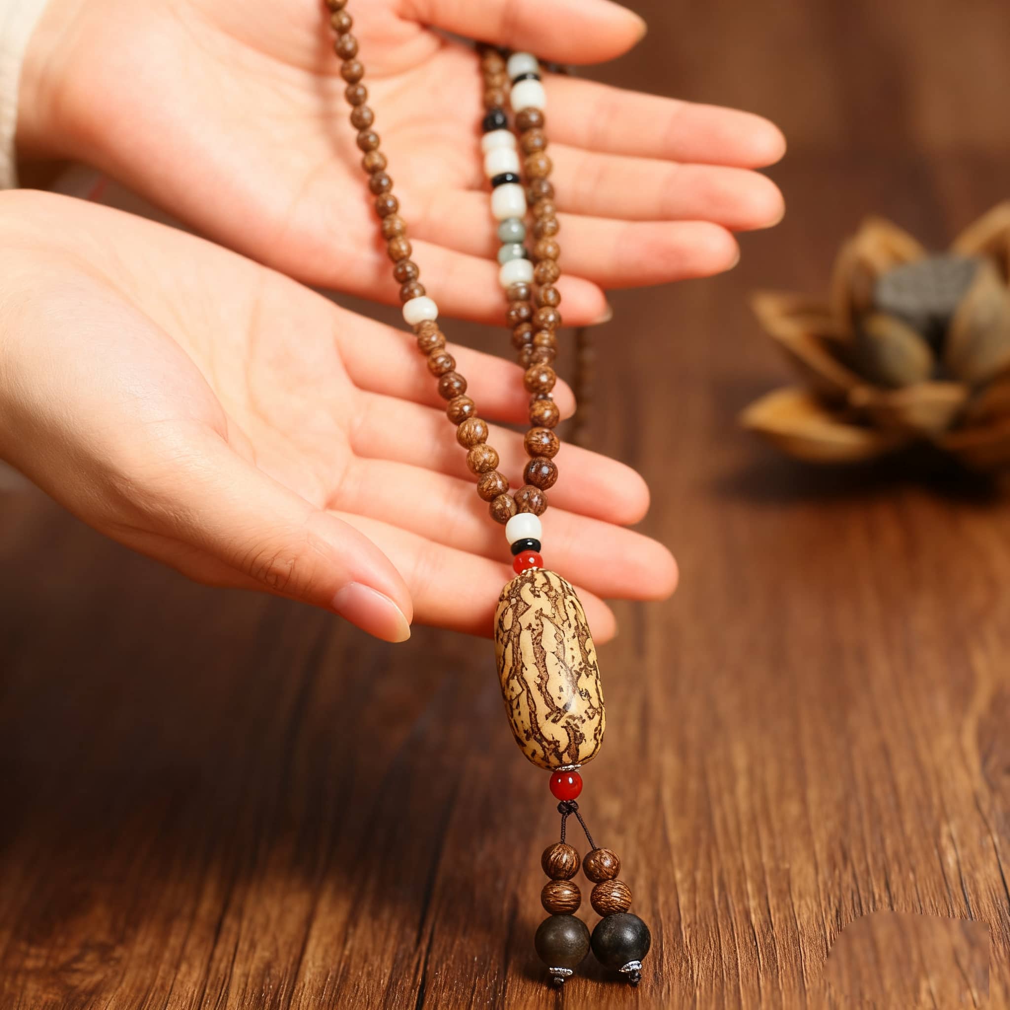 Angry bodhi seed wood bead necklace with decorative beads held in hands on a wooden surface