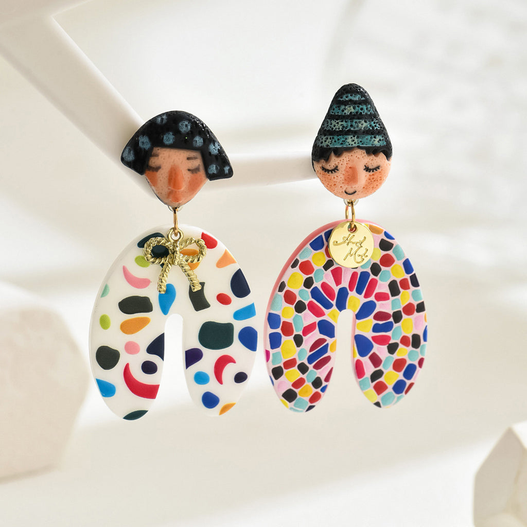 Handmade colorful Indian doll earrings with painted clay faces and multicolor mosaic drop and gold charm