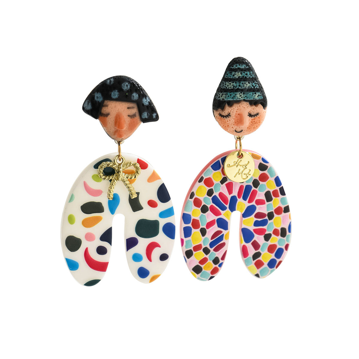 Hand painted colorful Indian doll earrings with whimsical mosaic U shaped dangles and sleepy doll faces