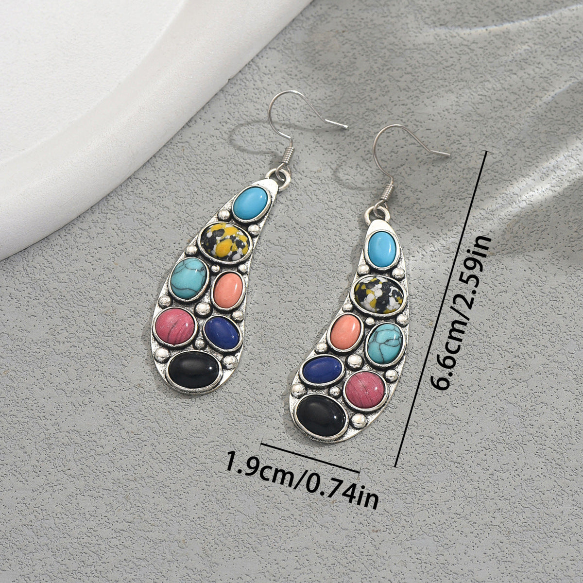 Bohemian teardrop silver dangle colorful natural stone earrings with turquoise coral lapis onyx accents