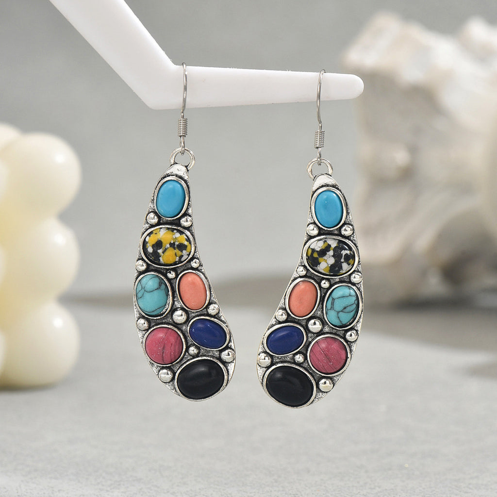 colorful natural stone earrings silver teardrop dangle with turquoise coral black navy cabochons for boho style