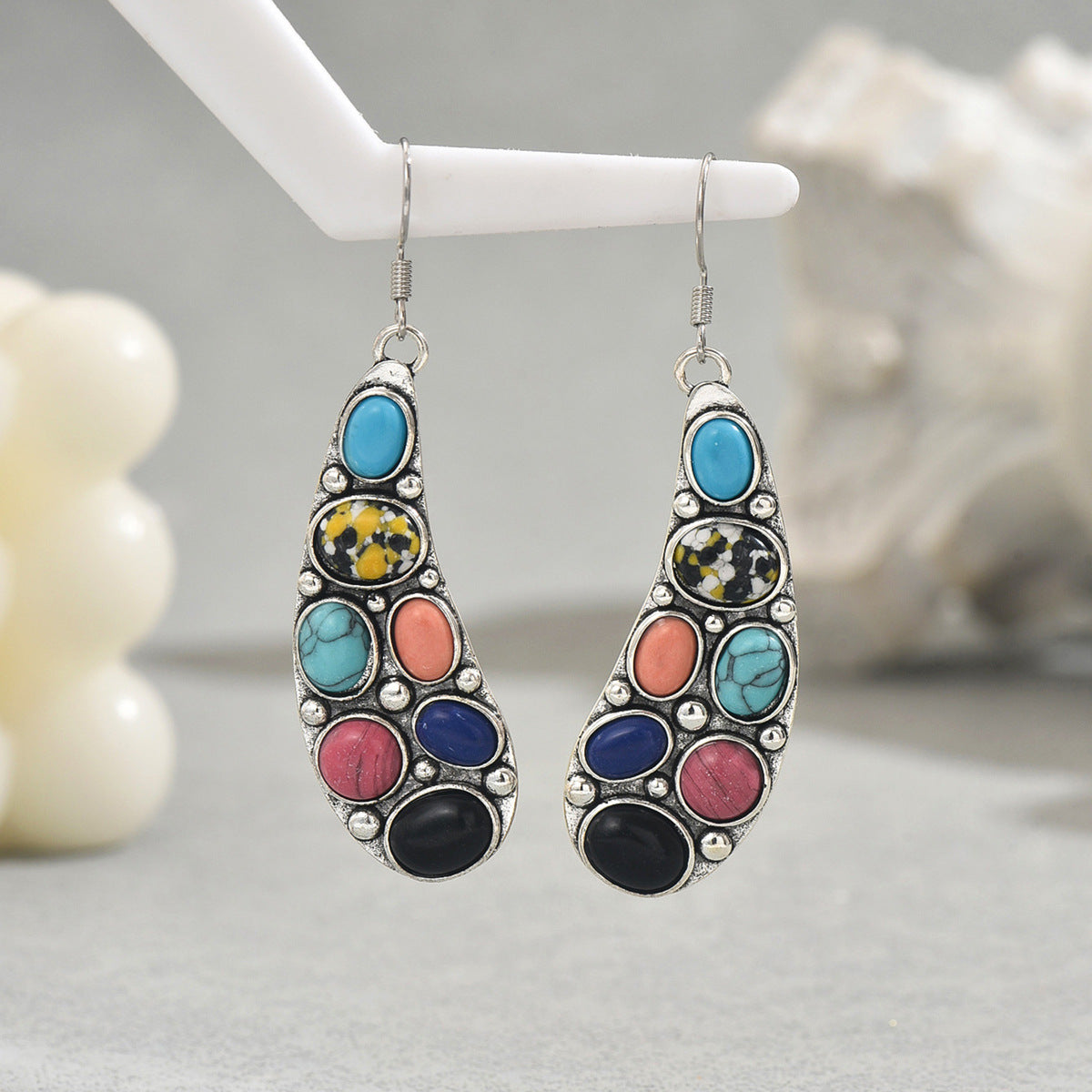 colorful natural stone earrings silver teardrop dangle with turquoise coral black navy cabochons for boho style