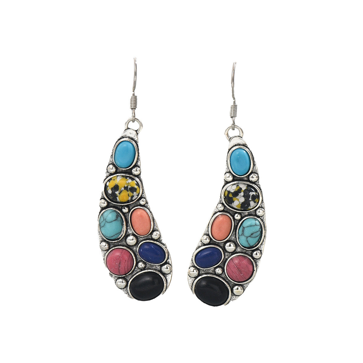 Pair of teardrop silver dangle colorful natural stone earrings with turquoise coral black and blue oval stones