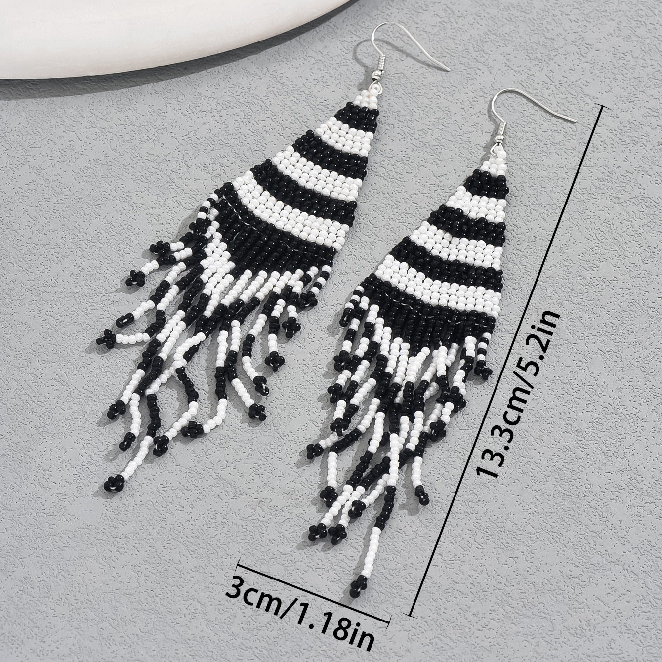 Handmade black and white seed bead earrings long striped fringe dangle with silver hooks boho style 13 cm length