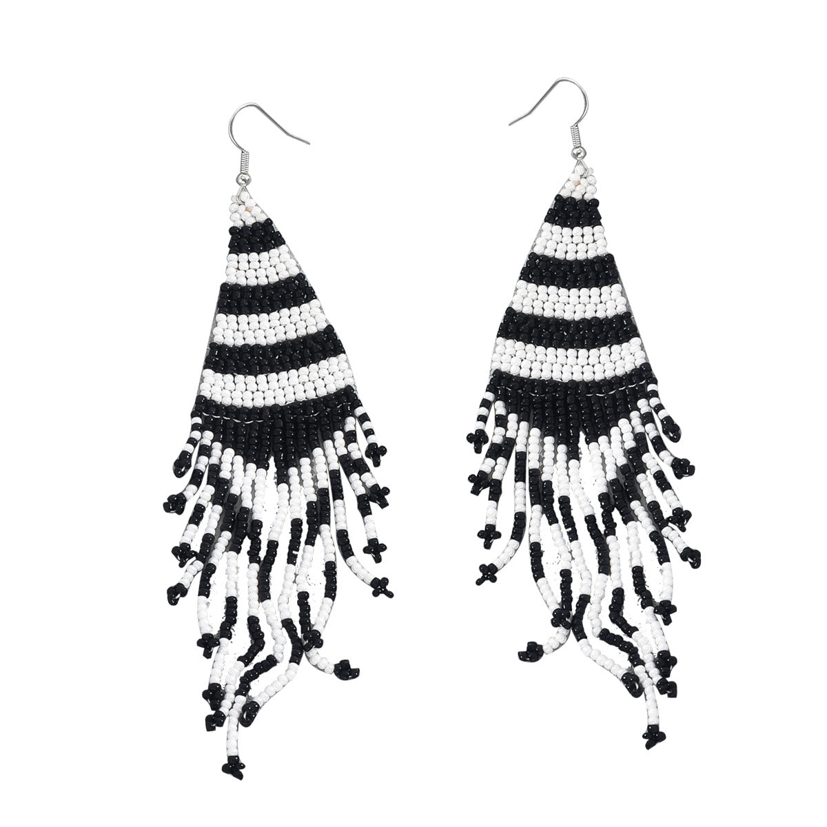 black and white seed bead earrings long triangular striped fringe dangle earrings with silver hooks
