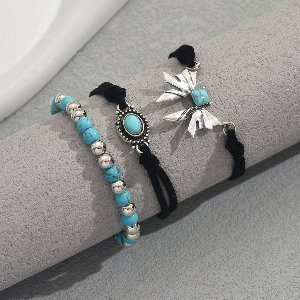 Three piece geometric butterfly bracelet set with turquoise beads silver accents and black cord