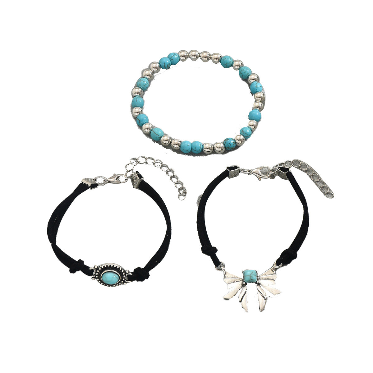geometric butterfly bracelet set three piece turquoise and silver beaded and suede cord bracelets for layered styling