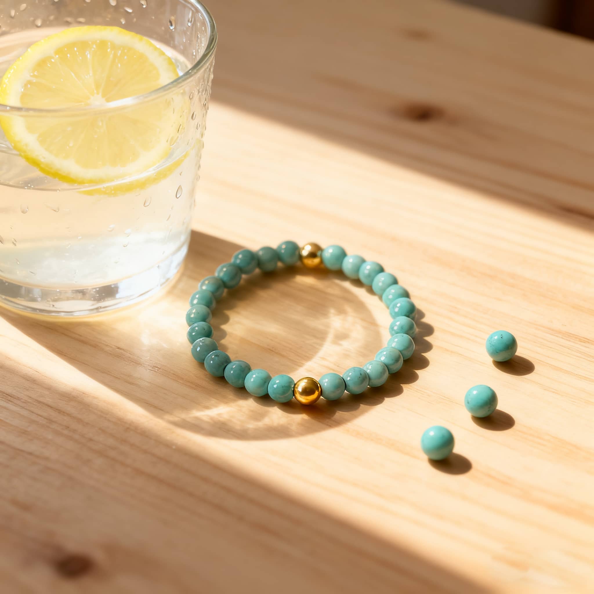 Calming turquoise jewelry for women featuring a beaded bracelet with a gold accent next to a glass of water