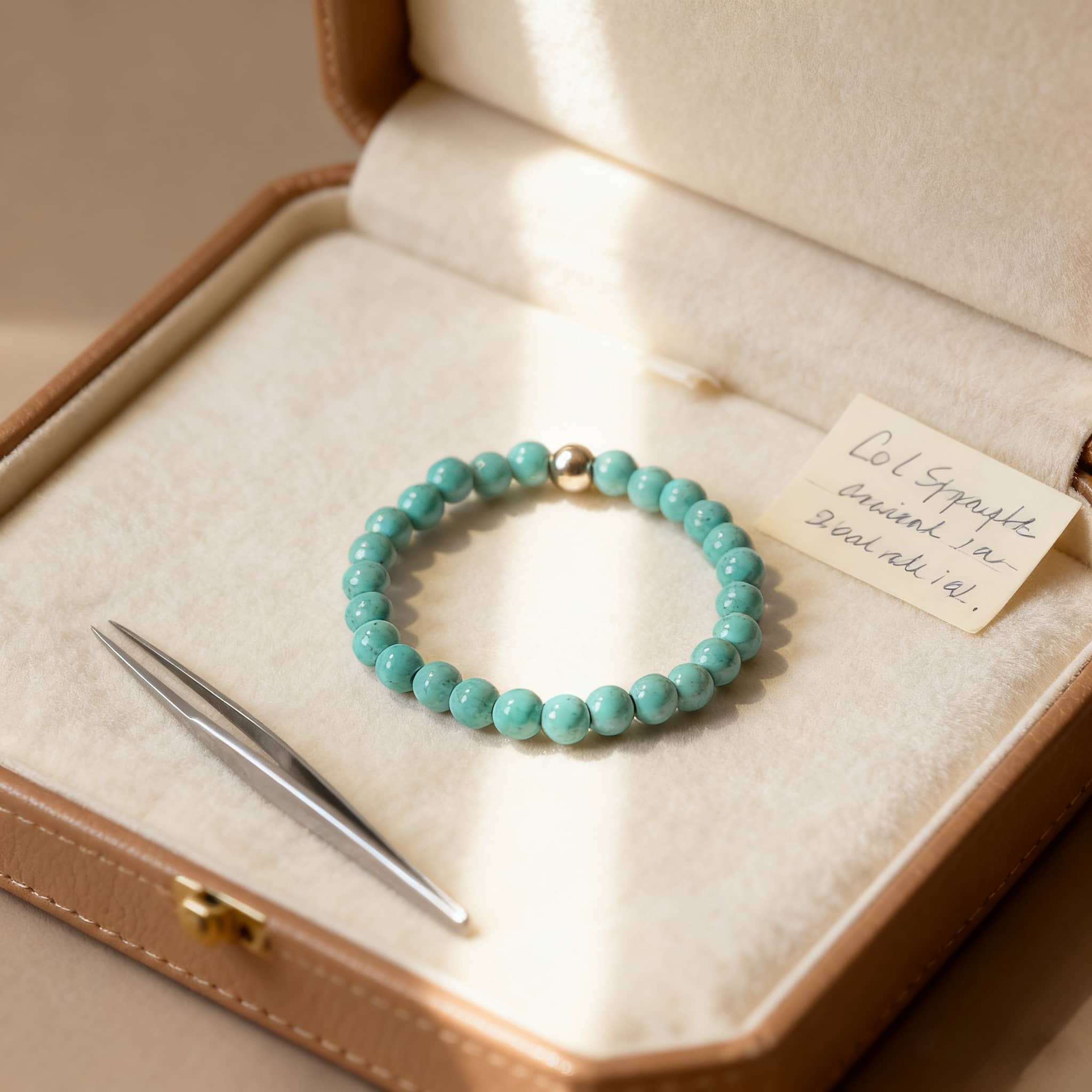 Calming turquoise jewelry for women featuring a beaded ring in a jewelry box with a tweezer