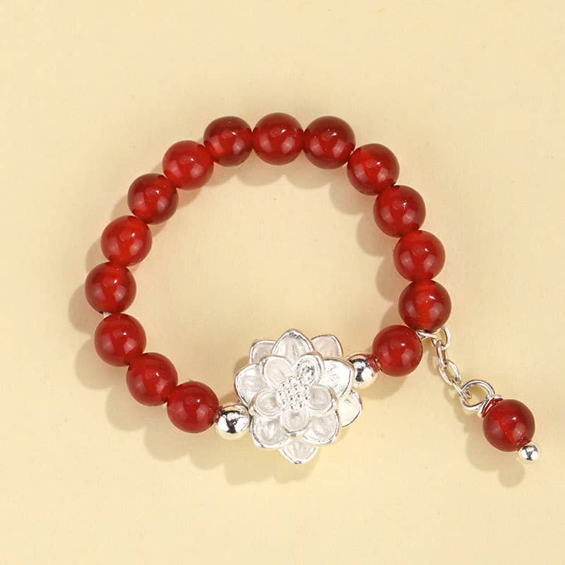 5 Senses Carnelian anxiety relief ring with red beads and silver lotus flower charm for stress relief