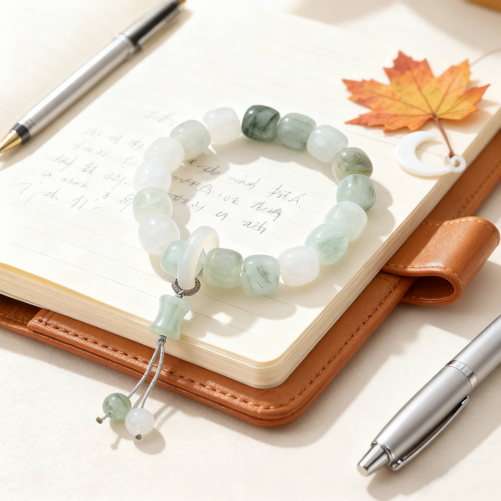Celestial jade healing bracelet on a notebook with a pen, perfect for calm and balance