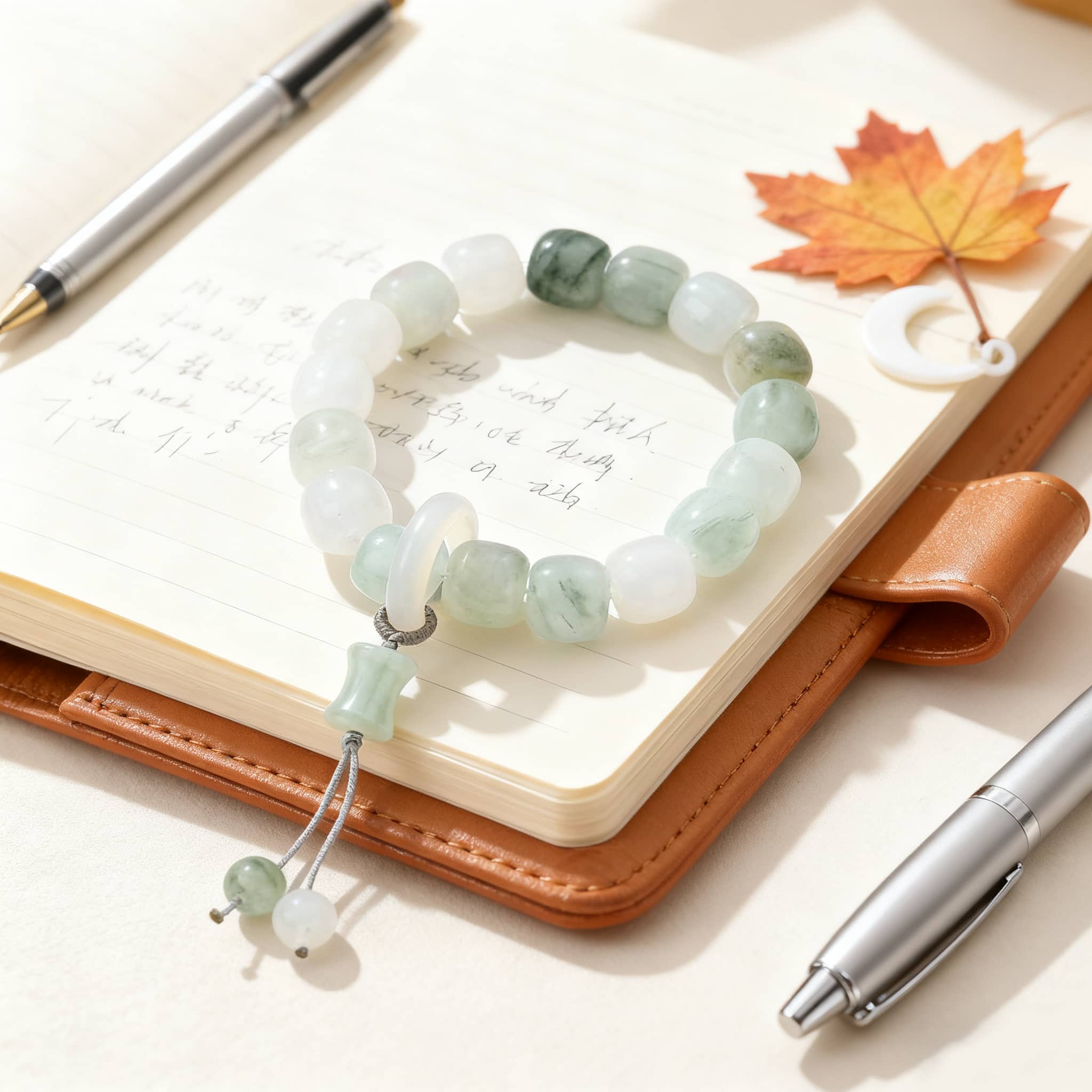 Celestial jade healing bracelet on a notebook with a pen, perfect for calm and balance