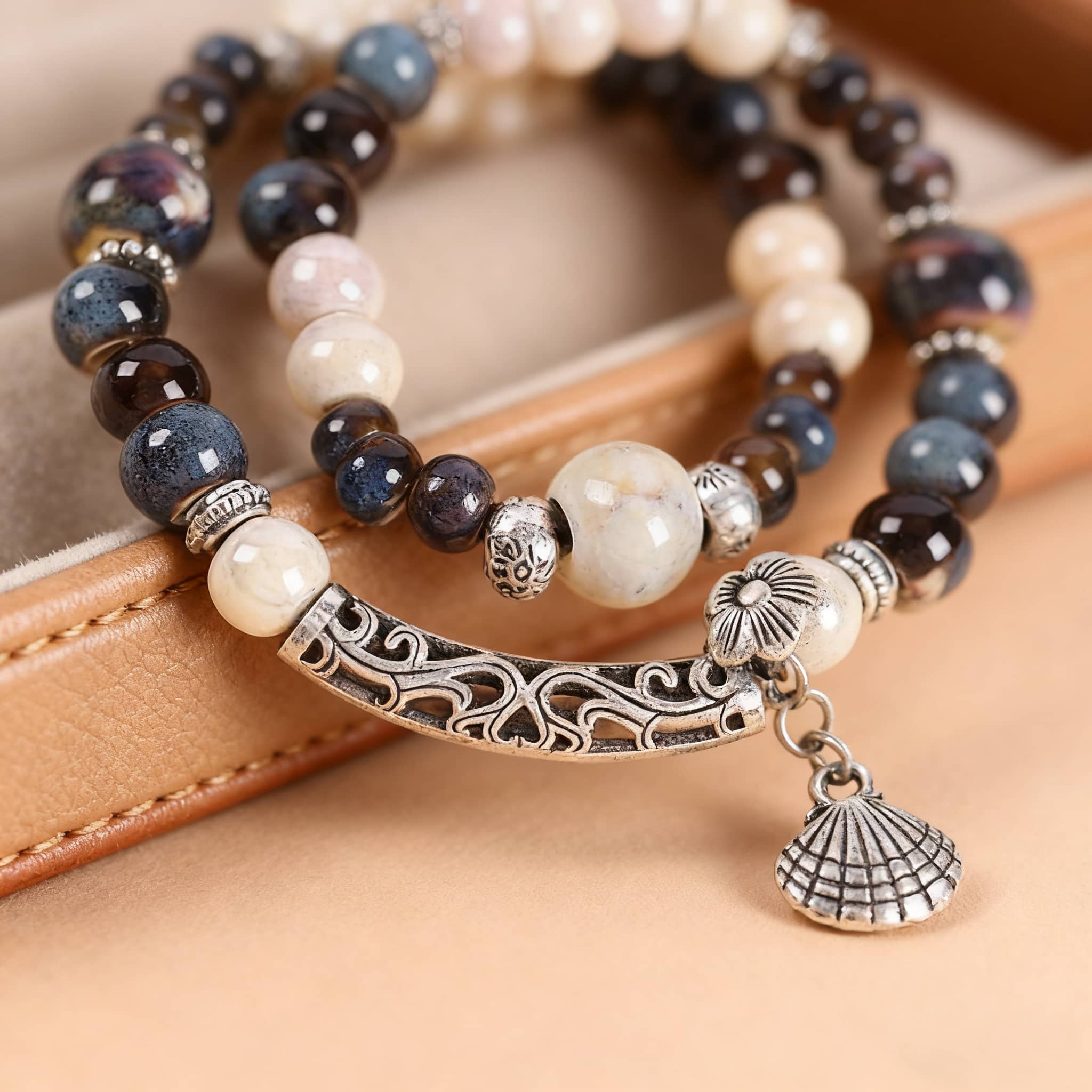 5 Senses ceramic and shell bracelet for self-care with decorative beads and silver accents