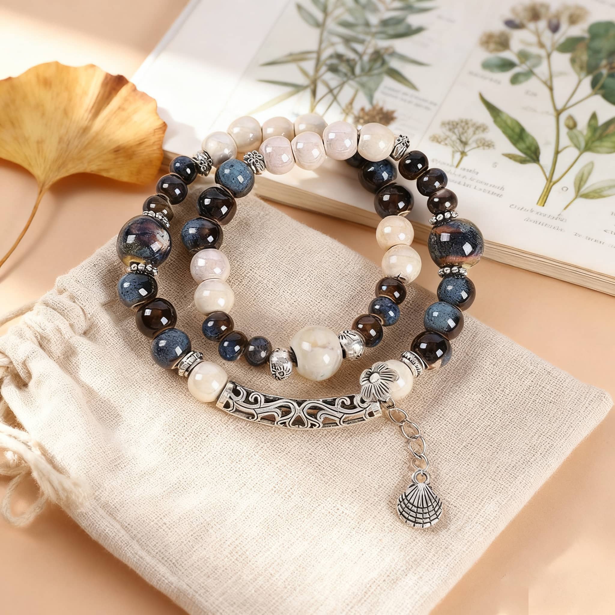 Colorful ceramic and shell bracelet for self-care featuring a mix of gemstones and decorative beads