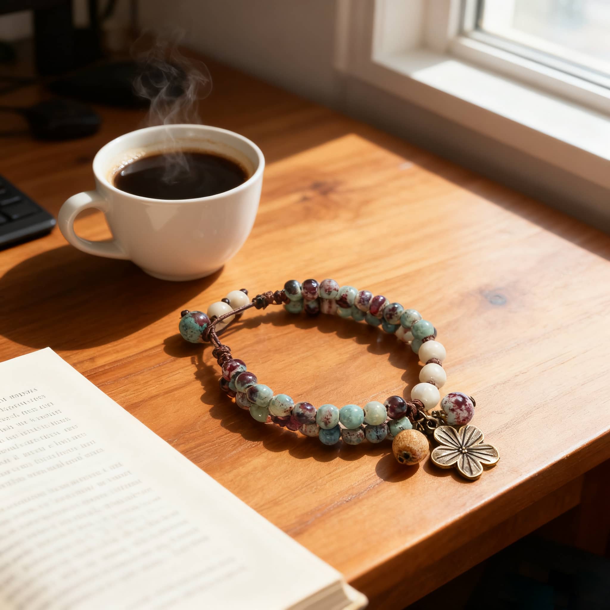 Ceramic floral charm bracelet displayed on a wooden table near a cup of coffee and a book