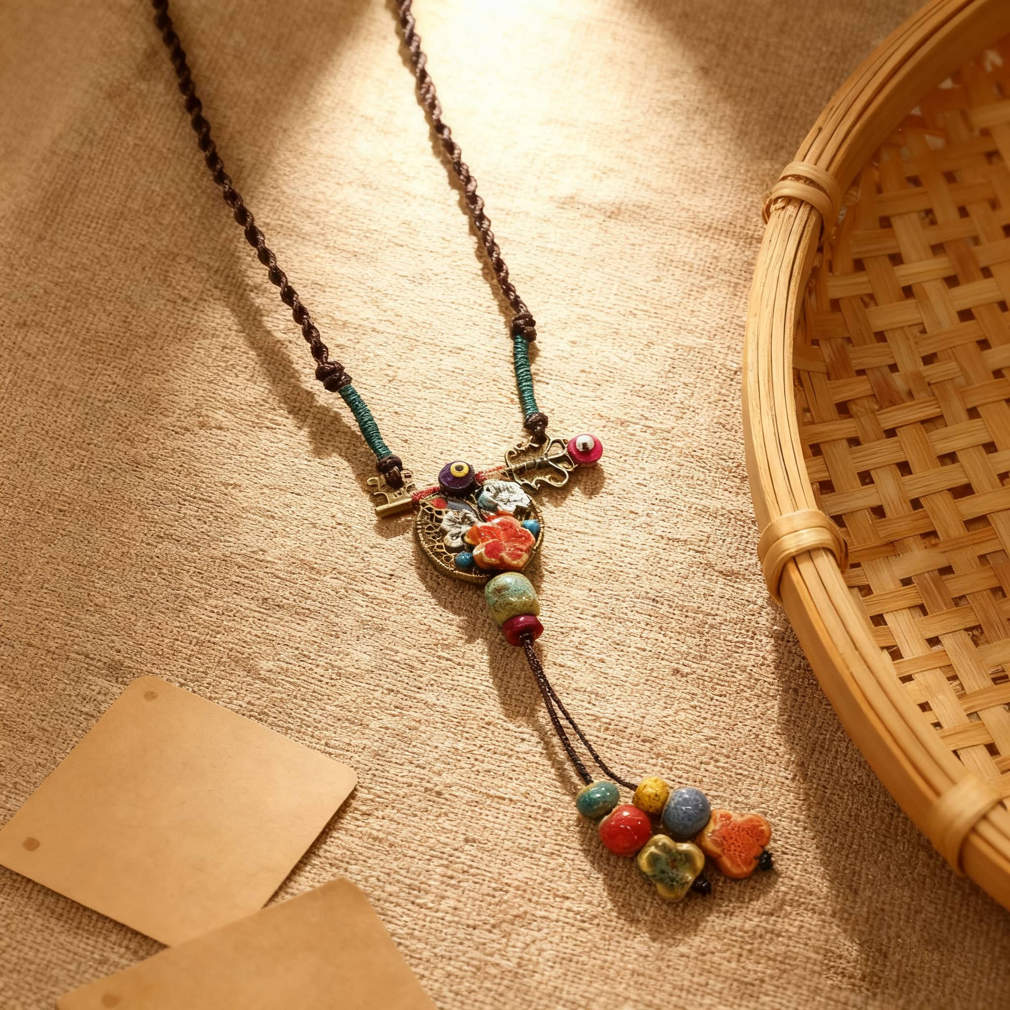 Handcrafted ceramic key necklace for self-care featuring colorful beads and a unique pendant design