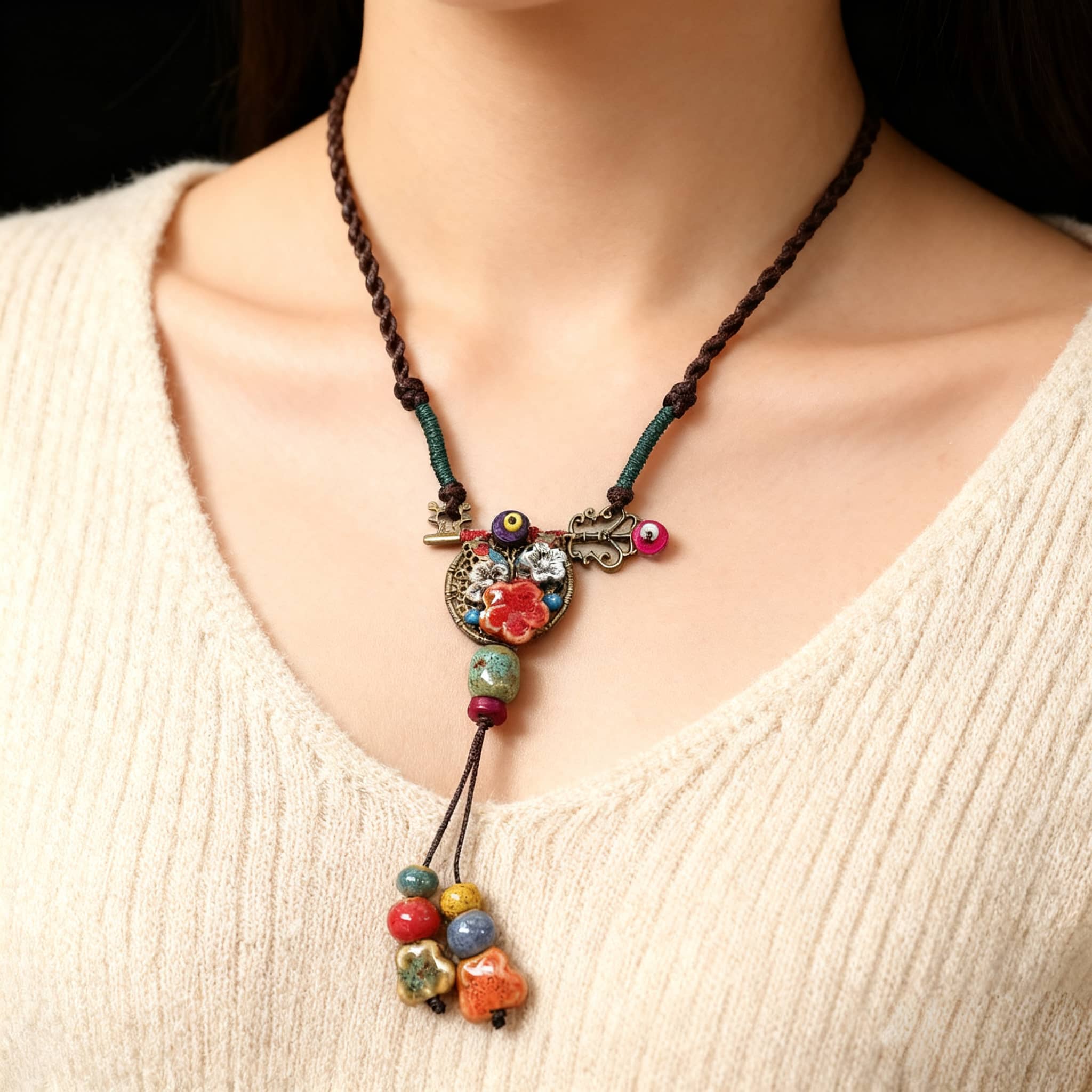 Ceramic key necklace for self-care featuring colorful beads and a bohemian design.