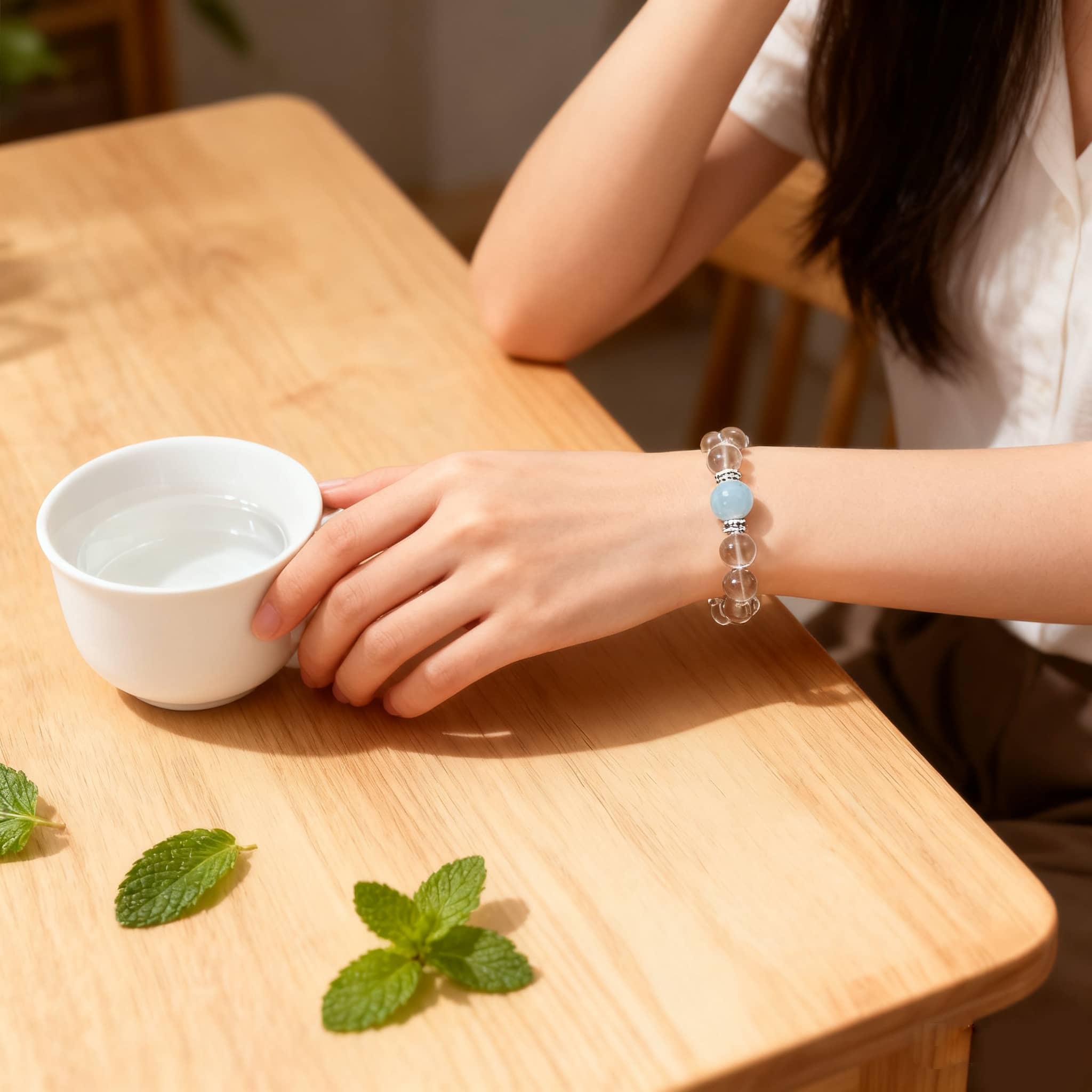 Anxious Bracelet featuring clear quartz and aquamarine jewelry worn by a woman relaxing with tea