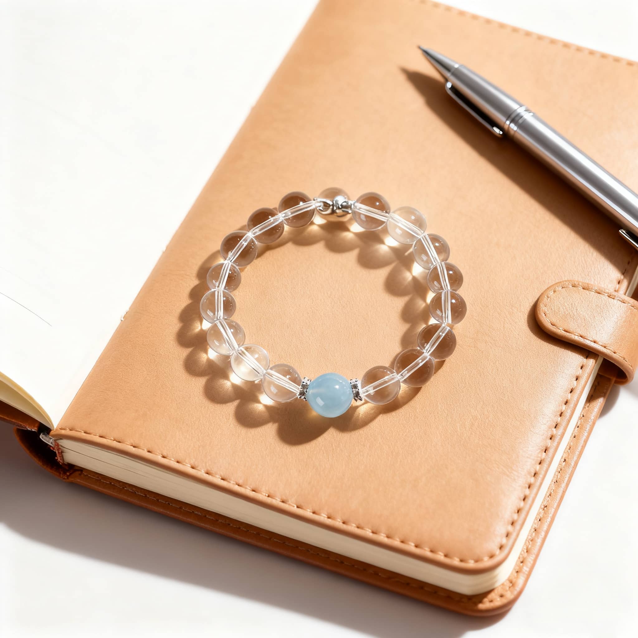 Clear quartz and aquamarine jewelry bracelet displayed on a notebook with a pen