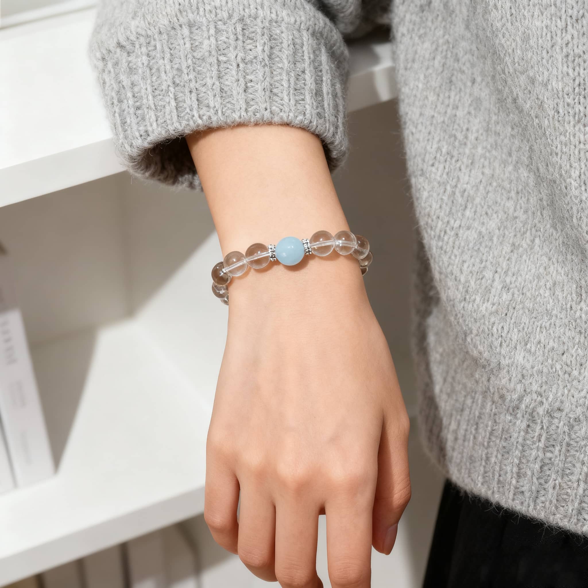 Anxious bracelet featuring clear quartz and aquamarine jewelry for calming effects and stylish look
