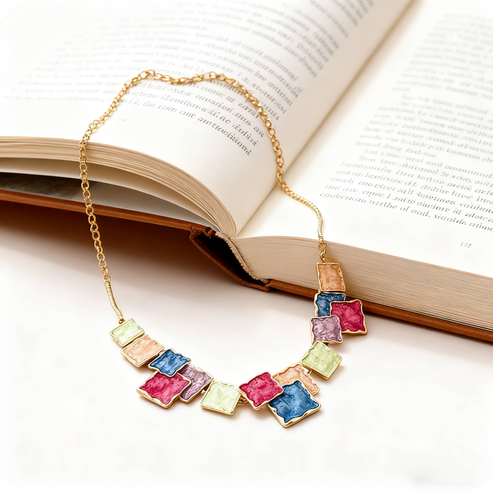 Color blocked asymmetrical necklace by 5 Senses with colorful square pendants on a gold chain